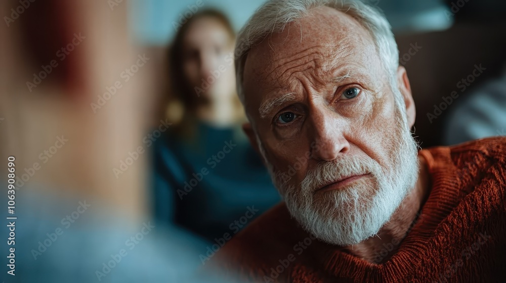 An elderly man with a white beard, wearing an orange sweater, gives a reflective look while seated in a cozy, informal environment with blurred background figures. An elderly man with a white beard, wearing an orange sweater, gives a reflective look while seated in a cozy, informal environment with blurred background figures.