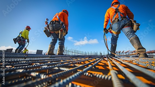 Construction workers using specialized tools to install new roofing panels, fall protection devices in place, working efficiently under a clear blue sky.