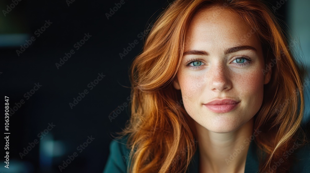 A serene expression graces the face of a red-haired woman indoors. Her contemplative look and fresh beauty play harmoniously with the soft lighting. A serene expression graces the face of a red-haired woman indoors. Her contemplative look and fresh beauty play harmoniously with the soft lighting.
