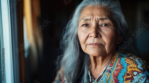 An elderly woman with stunning gray hair and a gentle expression, wearing a colorful patterned blouse, reflects calmness and depth of history next to a window. photo