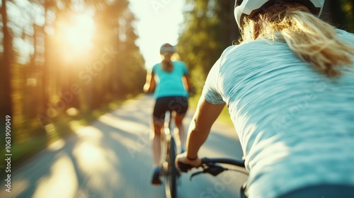 Image shows two cyclists pedaling down a sunlit, tree-lined road, capturing the joy and freedom of outdoor biking in warm weather with vibrant lighting and motion. photo