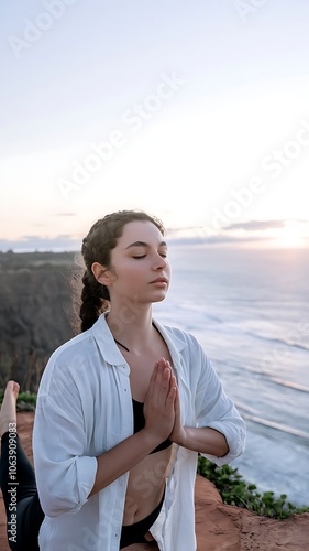 Young Woman Practicing Yoga on Cliff Overlooking Ocean at Sunrise with Serene Expression