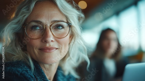 A senior woman with glasses gazes thoughtfully, white hair softly framing her face; she wears a smart jacket, sitting in a cozy environment with blurred background.