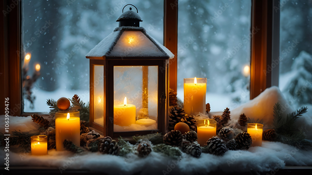 christmas lantern and candle placed beside of window and a snow fall view. christmas lantern and candle placed beside of window and a snow fall view.