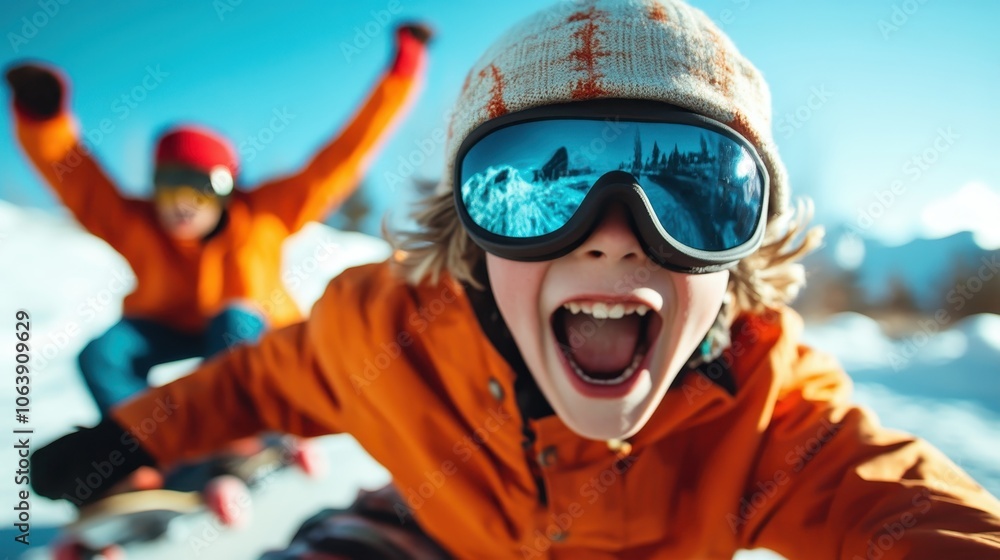 Two children, ecstatic and dressed in winter gear, sled rapidly downhill on a snowy landscape, embodying the thrill of speed and spontaneous joy. Two children, ecstatic and dressed in winter gear, sled rapidly downhill on a snowy landscape, embodying the thrill of speed and spontaneous joy.