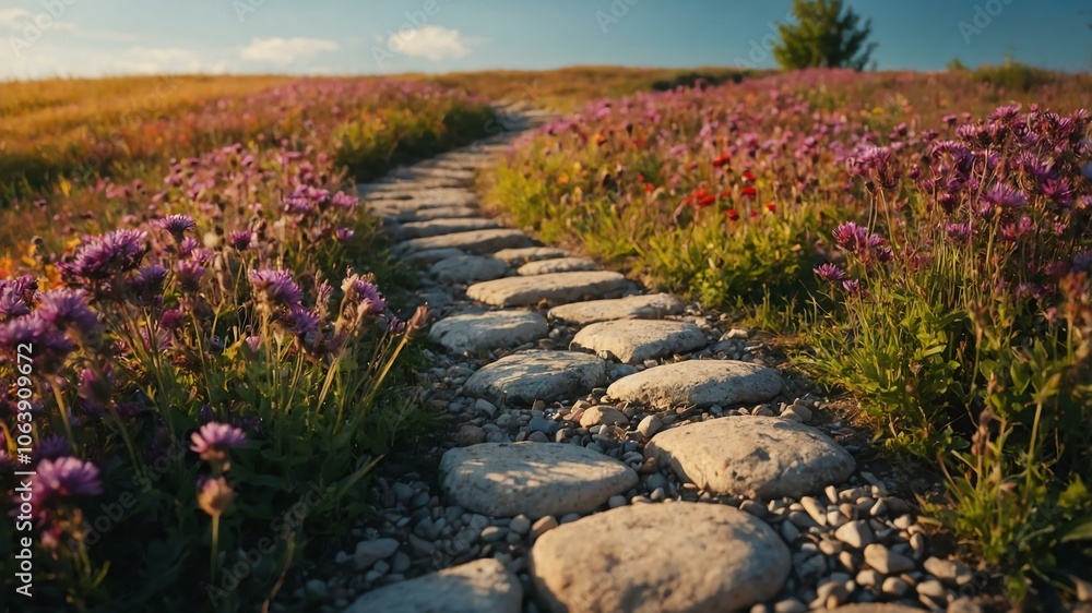 Naklejka premium summer stony pathway on a colorful meadow background