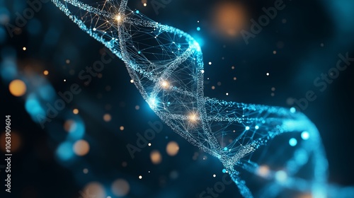 DNA spiral created from glowing data particles. Open space on the background