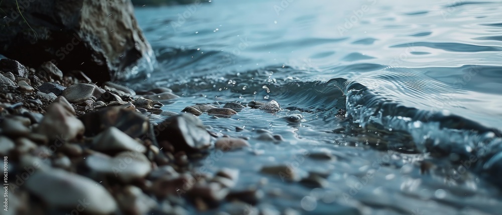 Gentle ripples form as small waves meet a stony shoreline; a tranquil blend of water, earth, and soft light. Gentle ripples form as small waves meet a stony shoreline; a tranquil blend of water, earth, and soft light.