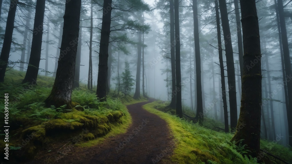 Fototapeta premium summer pathway on a strange forest with morning fog background