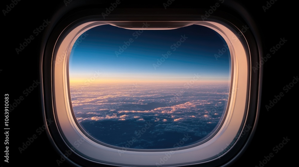 Experience a serene journey above the clouds through a modern airplane window at dusk, capturing the essence of business travel Experience a serene journey above the clouds through a modern airplane window at dusk, capturing the essence of business travel