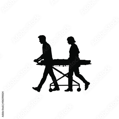 a black silhouette of two people pushing a stretcher.