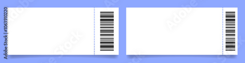 Large white ticket mockups with bar codes and shadows. Empty template. Concert, movie or theater ticket. Boarding blank, lottery, sale coupon
