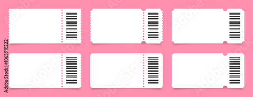 Set of white ticket mockups with bar codes, ruffle edges and shadows. Empty template. Concert, movie or theater ticket. Boarding blank, lottery, sale coupon
