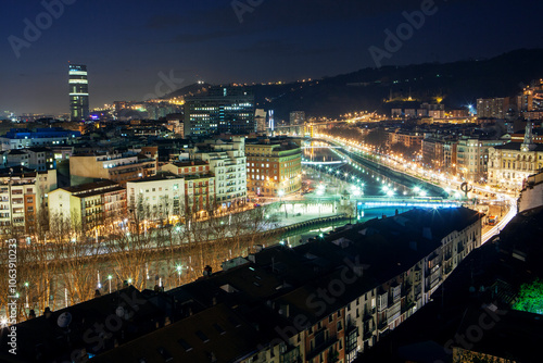 Elevated view of the skyline of Bilbao with the Nervion River