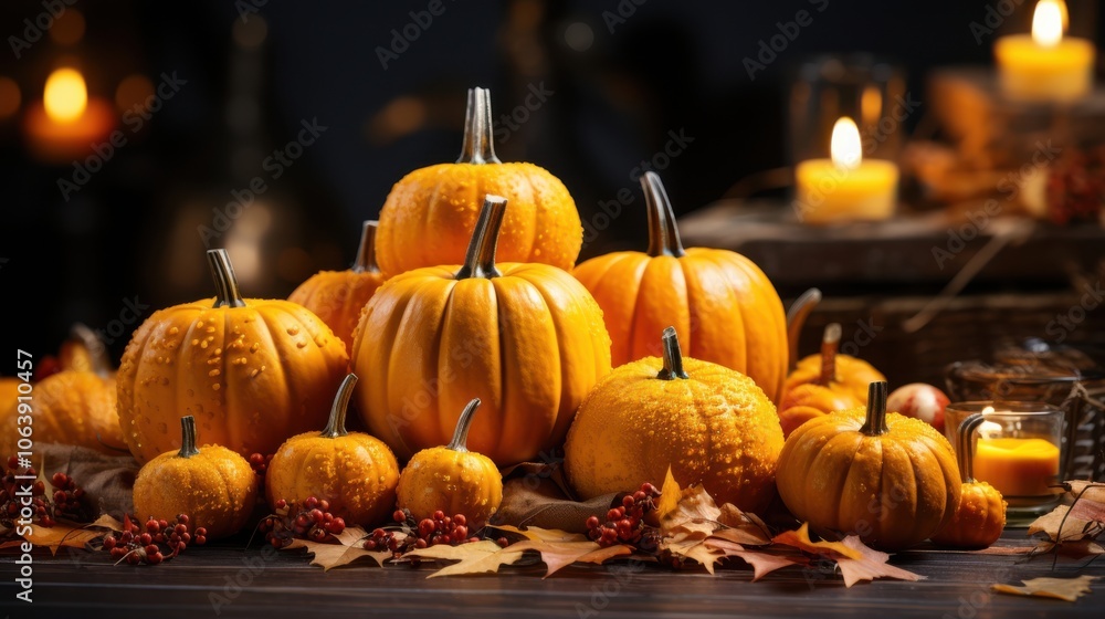 A cluster of small pumpkins with water droplets on their skin surrounded by dried autumn leaves and candlelight. A cluster of small pumpkins with water droplets on their skin surrounded by dried autumn leaves and candlelight.