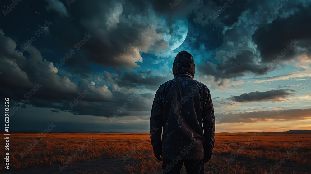 silhouette of a man from the back in the field against the clouds, looking into the distance silhouette of a man from the back in the field against the clouds, looking into the distance