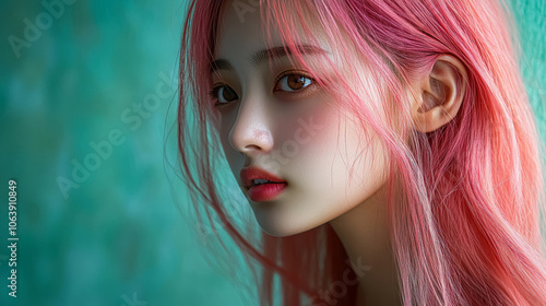 Closeup portrait of a beautiful Chinese girl with pink hair on a green background. 