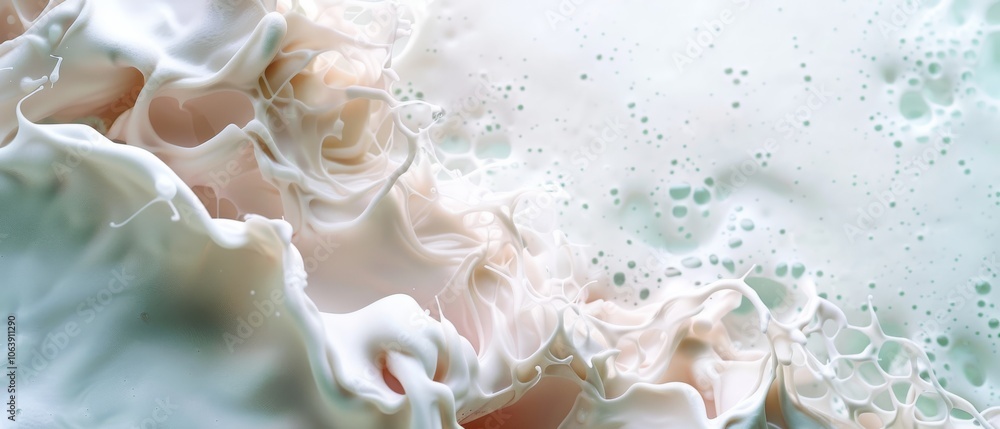 Fototapeta premium Frothy bubbles interweave with delicate, creamy folds, forming an intricate, almost liquid-like texture that suggests a mix of softness and fluidity.