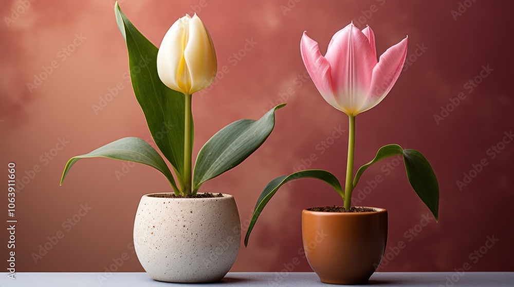 A single white tulip and a single pink tulip, both in separate pots, positioned side by side against a soft red background. A single white tulip and a single pink tulip, both in separate pots, positioned side by side against a soft red background.