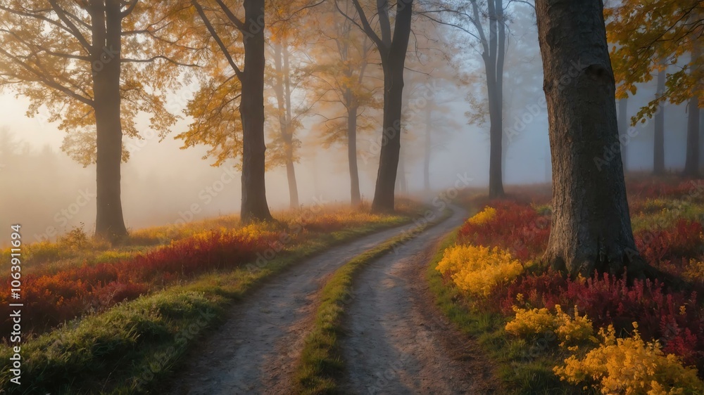 Fototapeta premium autumn pathway on a colorful meadow with morning fog background