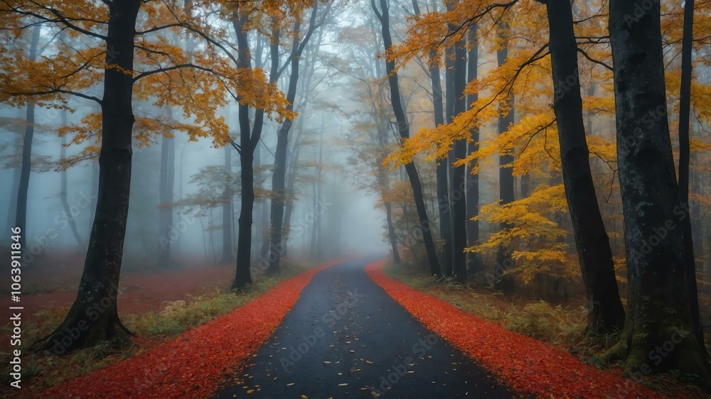 Fototapeta premium autumn pathway on a colorful forest with morning fog background