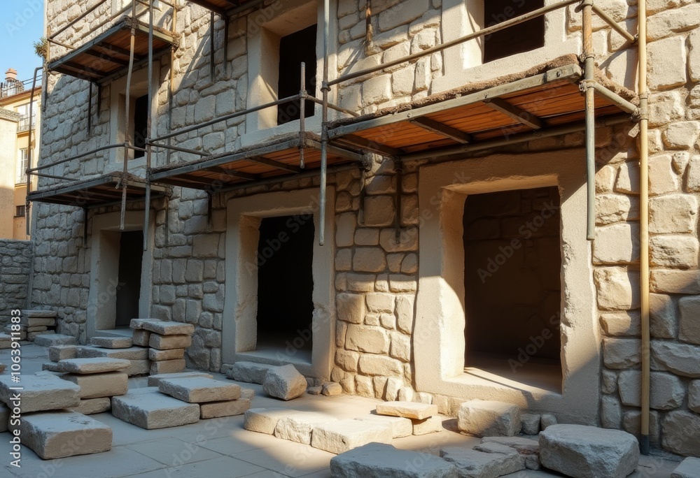 Construction of a rustic stone building with scaffolding in a historic location during daylight hours Construction of a rustic stone building with scaffolding in a historic location during daylight hours