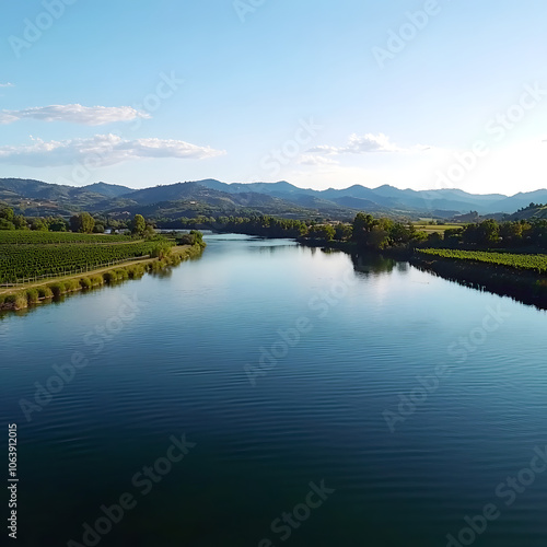 aerial footage over the calm river and vineyards highlighted by white, cinematic, png