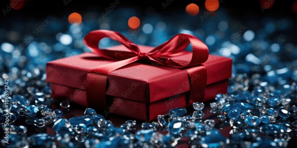 A red gift box with a satin bow rests on a bed of sparkling blue gems, a symbol of the joy and wonder that comes with giving and receiving presents. A red gift box with a satin bow rests on a bed of sparkling blue gems, a symbol of the joy and wonder that comes with giving and receiving presents.