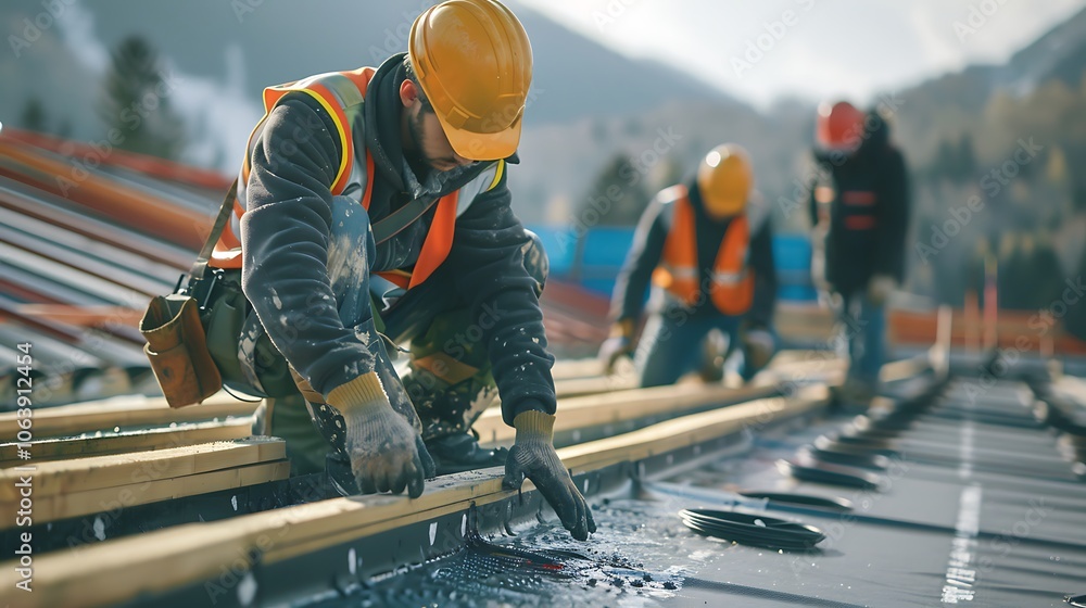 Roofers carefully installing new roofing material with safety gear and tools, ensuring precision and protection in a hands-on construction scene. Roofers carefully installing new roofing material with safety gear and tools, ensuring precision and protection in a hands-on construction scene.