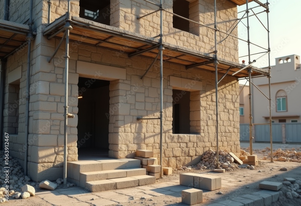 Construction of a stone house surrounded by scaffolding on a sunny day in a residential neighborhood Construction of a stone house surrounded by scaffolding on a sunny day in a residential neighborhood