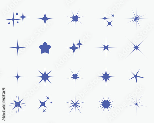 Retro futuristic bright vector icons collection. Set of original star sparkle shapes. Abstract shine effect vector sign. Twinkle star particles, glitter sparkles and magic sparkle isolated silhouette.