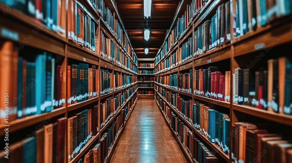 A long aisle of bookshelves in a library. A long aisle of bookshelves in a library.