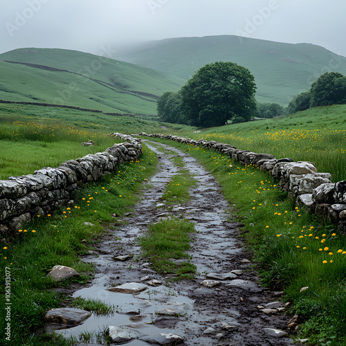 hiking path along whernside in yorkshire dales on a cloudy day with expansive green landscapes highlighted by white, pop-art, png photo