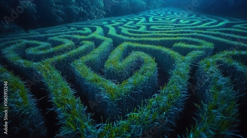 The image captures an aerial view of a maze formed by lush green grass. The maze features intricate pathways, characterized by curving and twisting lines that create a complex pattern. The grass appea