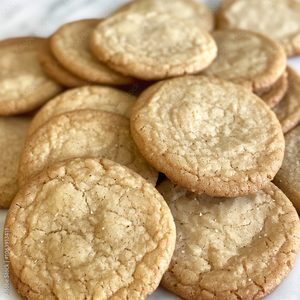 A stack of freshly baked sugar cookies, ready to be devoured. The cookies have a light golden-brown color and a slightly crispy texture A stack of freshly baked sugar cookies, ready to be devoured. The cookies have a light golden-brown color and a slightly crispy texture