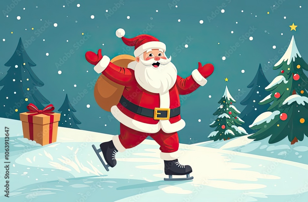 Fototapeta premium A cartoon Santa Claus on ice skates carrying a bag of presents