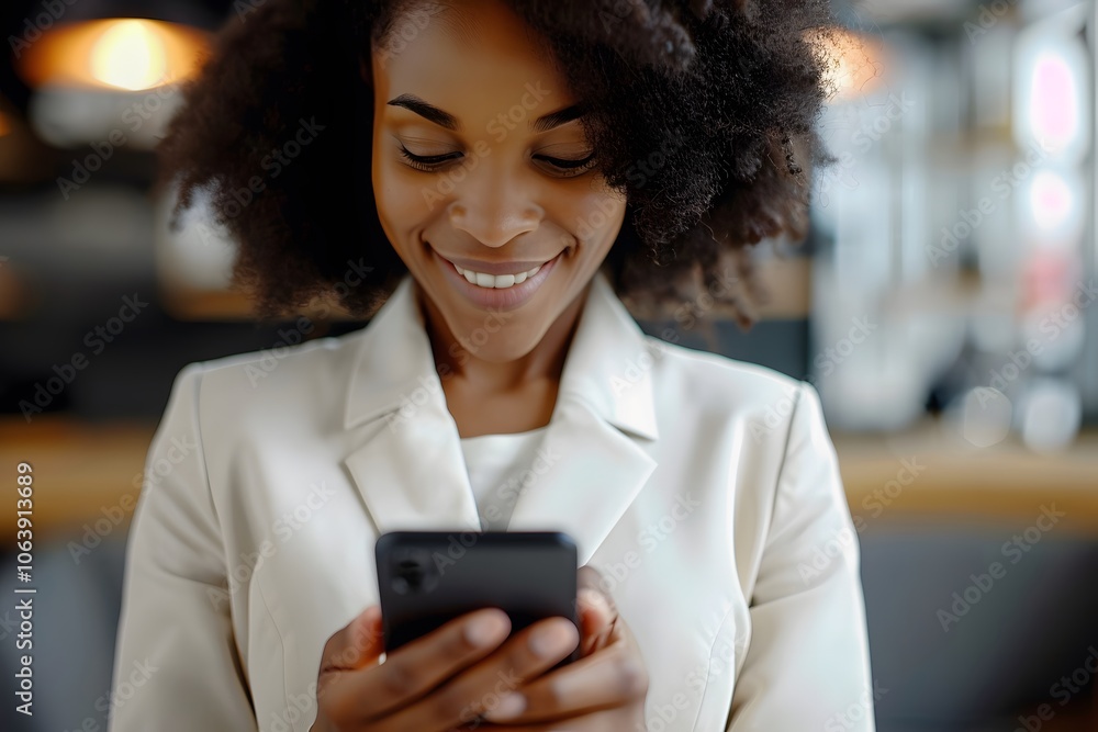 Professional Woman Using Mobile Device in Modern Workspace Professional Woman Using Mobile Device in Modern Workspace