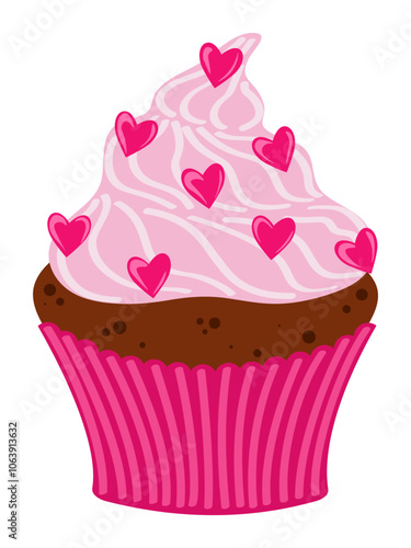 Festive chocolate cupcake with pink cream and heart shaped sprinkles on white background
