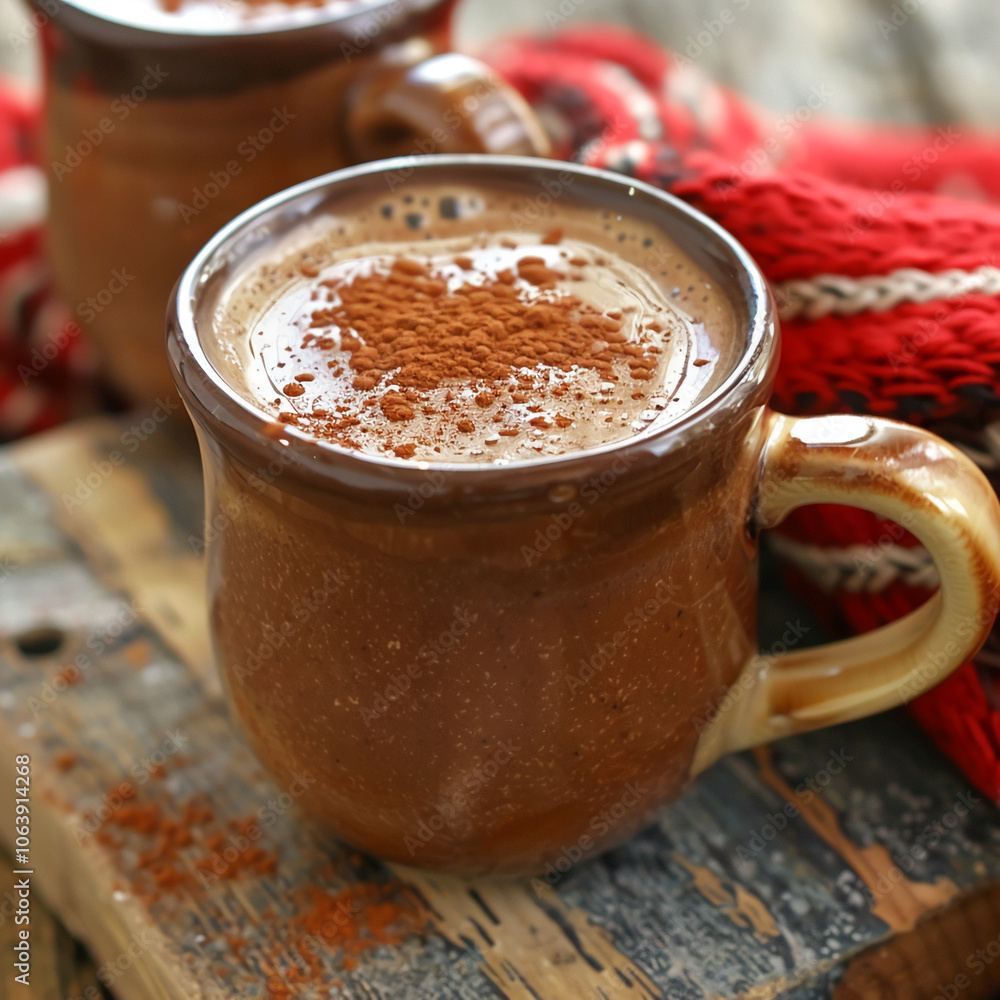 A mug of hot chocolate topped with cinnamon sits on a wooden table. The mug has a rustic brown glaze and a large handle A mug of hot chocolate topped with cinnamon sits on a wooden table. The mug has a rustic brown glaze and a large handle