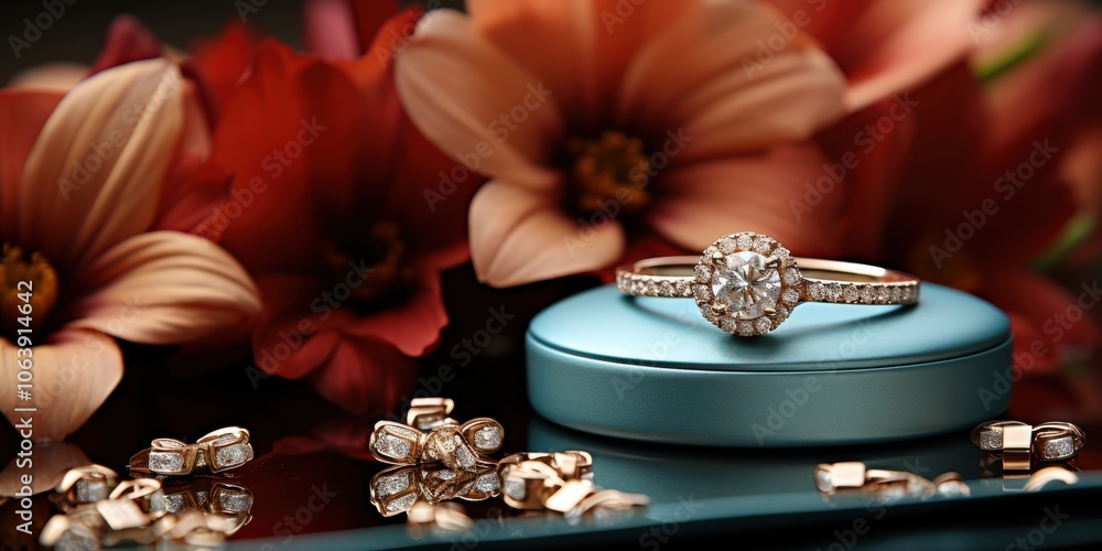 A sparkling diamond engagement ring, surrounded by delicate floral accents, sits on a teal velvet cushion, reflecting the beauty of the moment. A sparkling diamond engagement ring, surrounded by delicate floral accents, sits on a teal velvet cushion, reflecting the beauty of the moment.