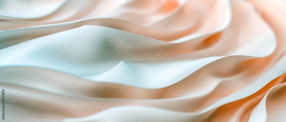 Fototapeta premium Smooth waves of pastel fabric, blending peach and white hues, create an elegant and calming visual flow reminiscent of gentle ripples.