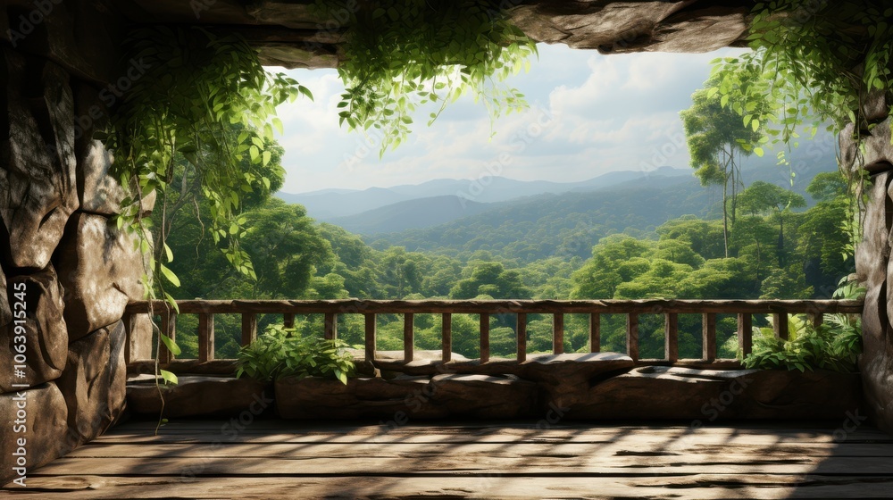 A stone balcony overlooking a lush green jungle, with a wooden railing and a view of rolling hills in the distance. A stone balcony overlooking a lush green jungle, with a wooden railing and a view of rolling hills in the distance.