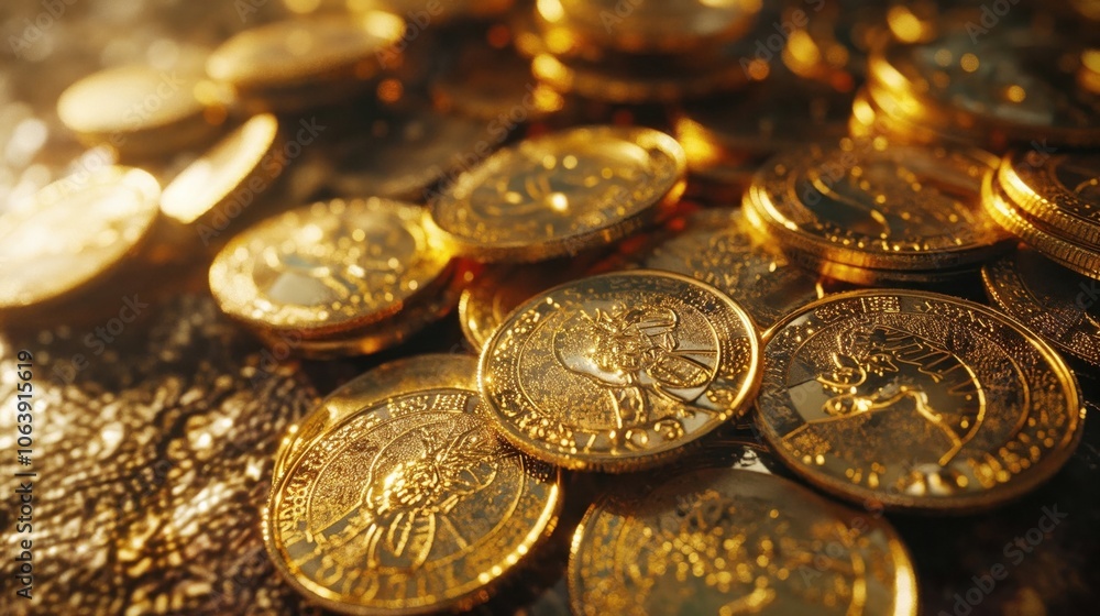 A beautiful and shiny pile of gold coins is sitting on top of each other on the ground, glinting brilliantly in the light A beautiful and shiny pile of gold coins is sitting on top of each other on the ground, glinting brilliantly in the light