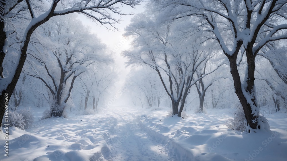 Winter forest landscape, serene atmosphere, snowy pathway, tranquil background Winter forest landscape, serene atmosphere, snowy pathway, tranquil background
