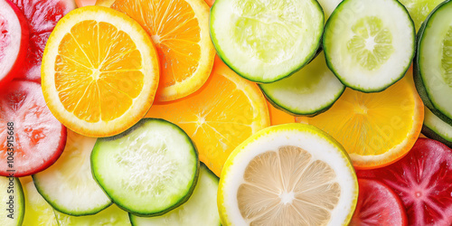 Vibrant array of sliced citrus and vegetables: freshness in every slice