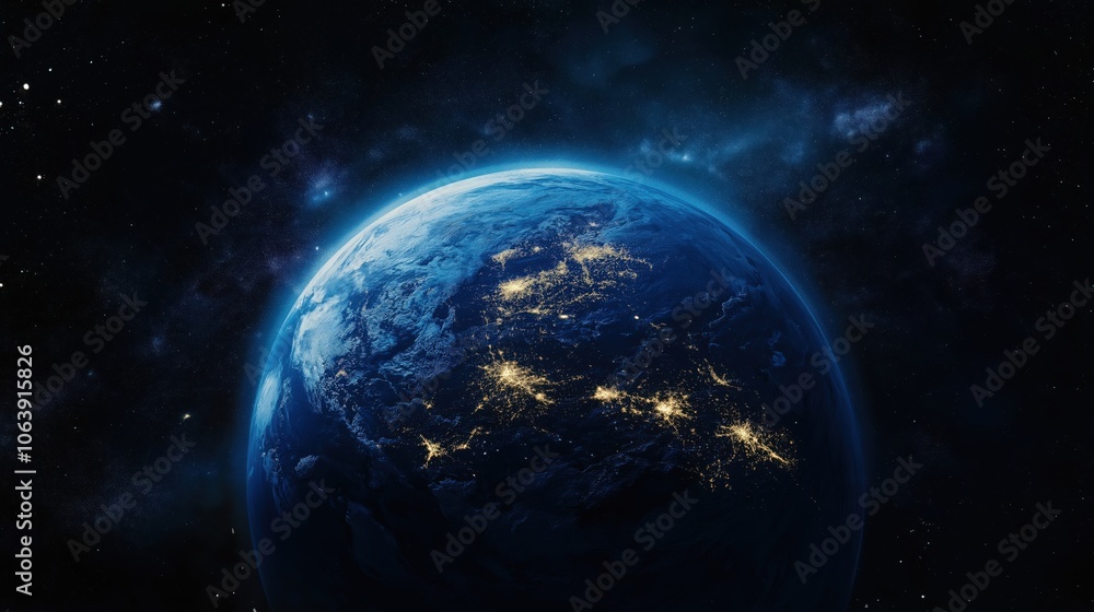 Aerial view of Earth from space with glowing city lights Aerial view of Earth from space with glowing city lights