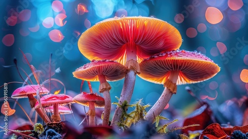 A vibrant and diverse group of colorful mushrooms is thriving and growing in the lush green grass of the natural environment around them