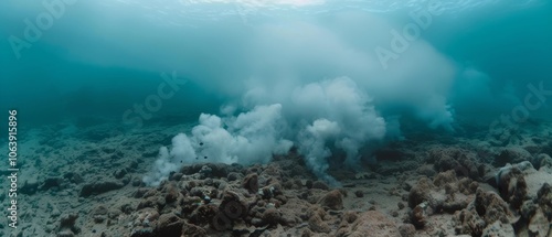 A captivating underwater scene with volcanic, smoky plumes, creating an enchanting world of mystery, aquatic life, and geological processes. photo