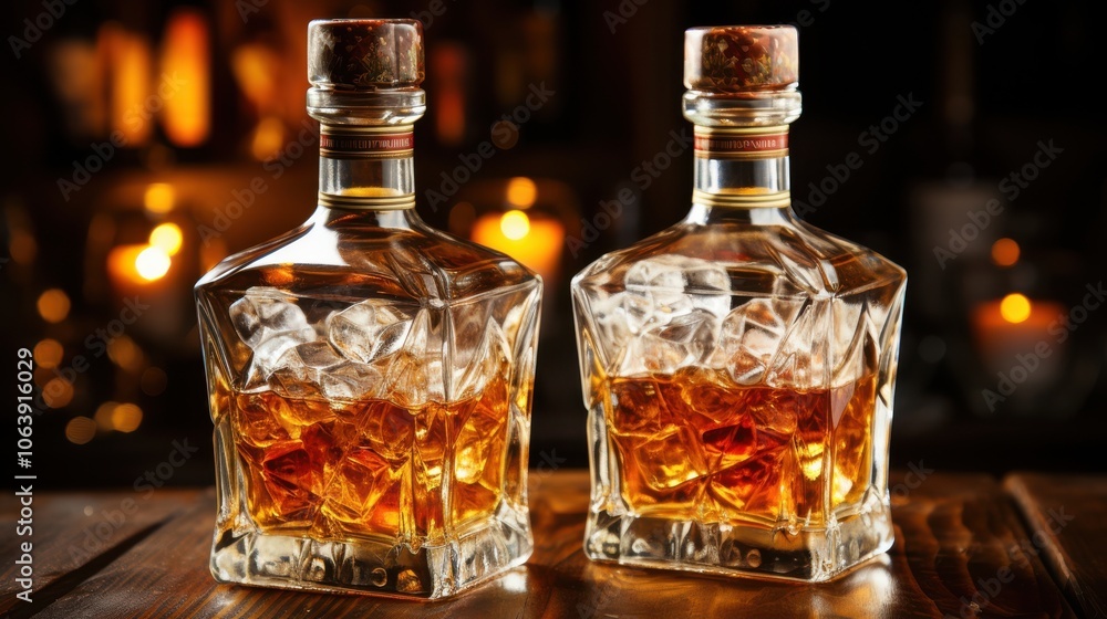 Two Crystal Decanters of Amber Liquid with Ice Cubes on a Wooden Table Against a Blurred Background of Warm Lights Two Crystal Decanters of Amber Liquid with Ice Cubes on a Wooden Table Against a Blurred Background of Warm Lights