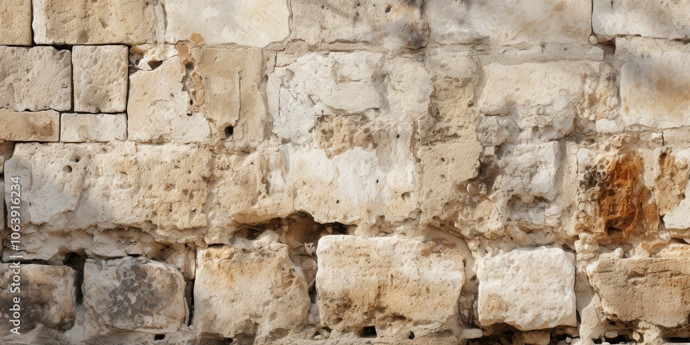 Weathered stone wall with irregular shapes and patterns showing the effects of time and erosion Weathered stone wall with irregular shapes and patterns showing the effects of time and erosion